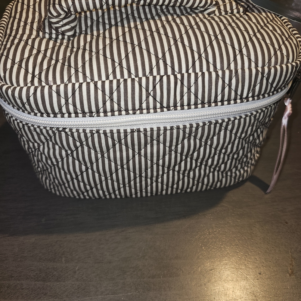 Striped Quilted Cosmetic Case - Brown & White